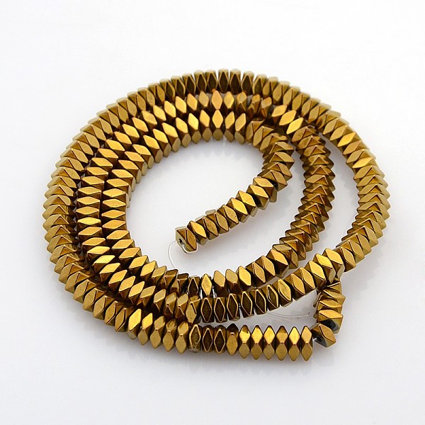 

PandaHall Electroplate Non-magnetic Synthetic Hematite Beads Strands, Square, Faceted, Golden Plated, 4x2mm, Hole: 1mm, about: 106pcs/strand...