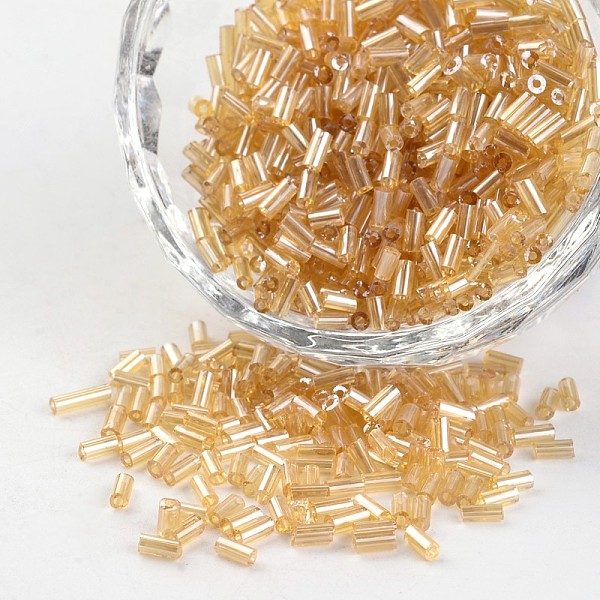 

PandaHall Tube Transparent Colours Pearl Luster Plated Round Hole Glass Bugle Beads, Wheat, 2~5x1.8~2mm, Hole: 0.8mm, about 12000pcs/450g..., Orange