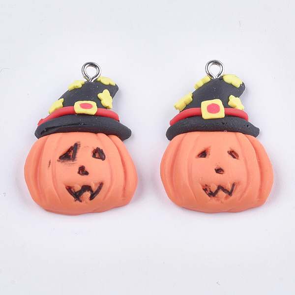 

PandaHall Halloween Theme Handmade Polymer Clay Pendants, with Iron Findings, Pumpkin Jack-O'-Lantern, Platinum, Coral, 31~31.5x22x8mm, Hole..., Red