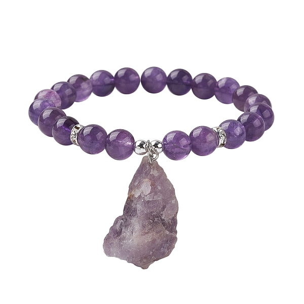 

PandaHall Natural Amethyst Round Beaded Stretch Bracelets, with Rough Raw Nugget Charms, Inner Diameter: 2-1/2 inch(6.2cm) Amethyst Nuggets