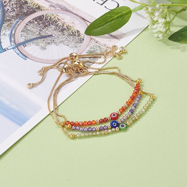 

PandaHall Brass Slider Bracelets, with Cubic Zirconia Beads, Handmade Evil Eye Lampwork Flat Round Beads, Mixed Color, Inner Diameter..., Multicolor