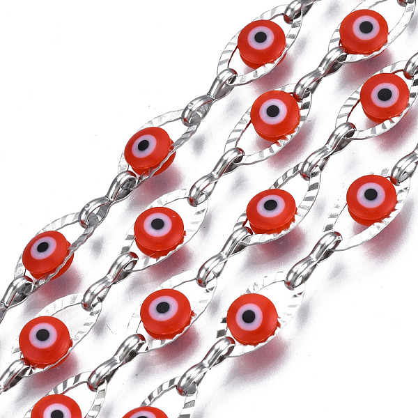 

PandaHall 304 Stainless Steel Textured Oval Cable Chains, with Enamel Evil Eye Beads, with Spool, Unwelded, Stainless Steel Color, FireBrick..., Red
