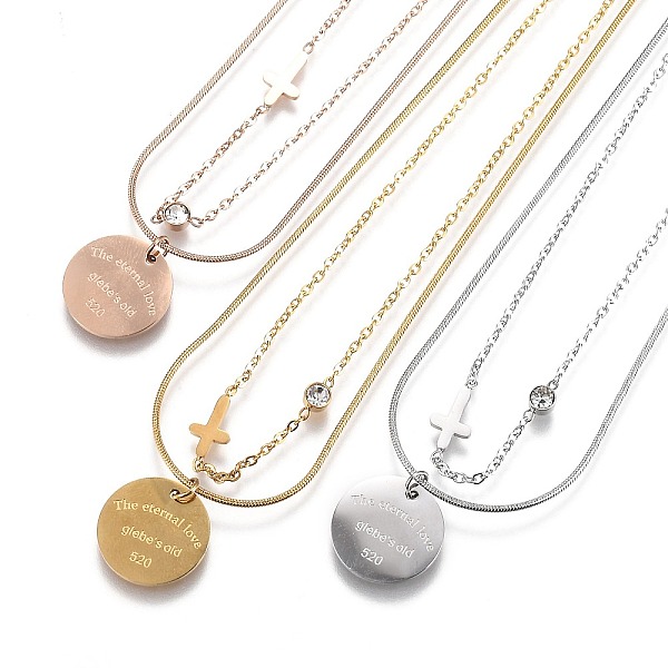 

PandaHall 304 Stainless Steel Double Layer Necklaces, for Valentine's Day, with Crystal Rhinestone, Flat Round with The Eternal Love Glebe..., Clear