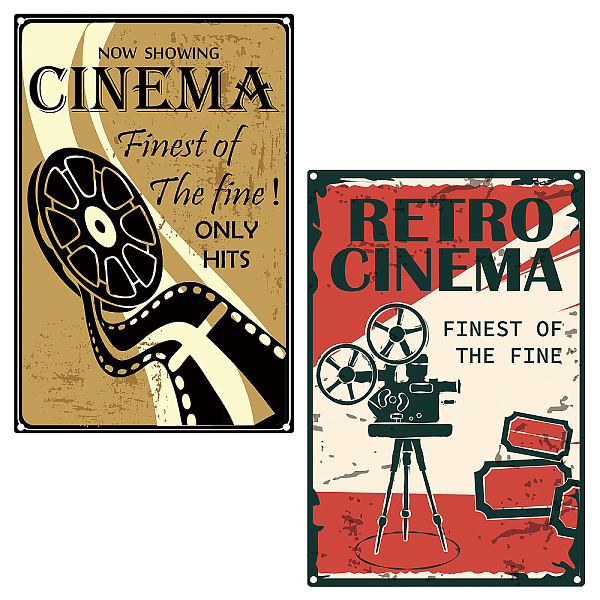 PandaHall CREATCABIN 2pcs Retro Showing Cinema Sign Funny Tin Signs Vintage Wall Art Decor Rustic Poster for Home Movie Night Party Theater...