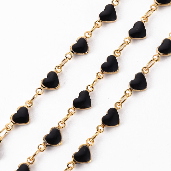 

PandaHall Handmade Brass Link Chains, with Enamel, Soldered, Spool, Heart, Real 18K Gold Plated, 3.8x2.2x0.3mm and 4x8.7x1.5mm, about 16.4..., Black