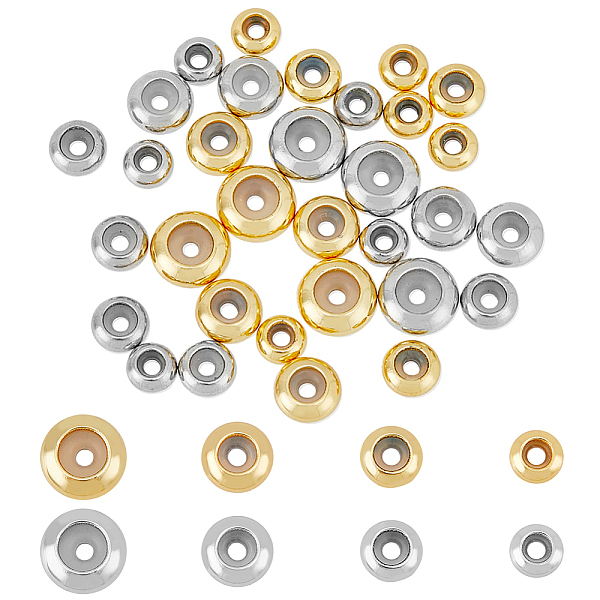 

PandaHall SUPERFINDINGS 40Pcs 8 Styles Brass Beads with Rubber Inside Slider Beads Rondelle Stopper Beads Platinum and Golden Charms Craft...