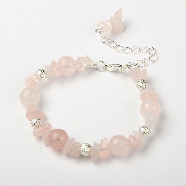 PandaHall Rose Quartz Bracelets, with Brass Textured Beads and Alloy Lobster Claw Clasps, Silver Color Plated, Rose Quartz, 185mm Rose...