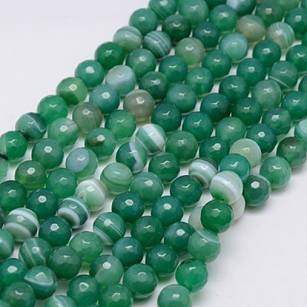 

PandaHall Natural Striped Agate/Banded Agate Beads Strands, Faceted, Dyed, Round, Sea Green, 8mm, Hole: 1mm Banded Agate Round Green