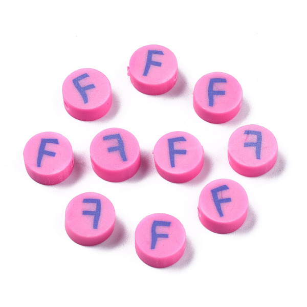 PandaHall Handmade Polymer Clay Beads, Flat Round with Alphabet, Hot Pink, Letter. F, 9x3.5~5mm, Hole: 1.6mm Polymer Clay Letter F