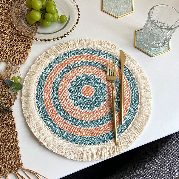 

PandaHall Polyester Braided Washable Placemat, Bohemian Style Woven Tassel Coaster, Flat Round, Teal, 330mm Polyester Flat Round Cyan