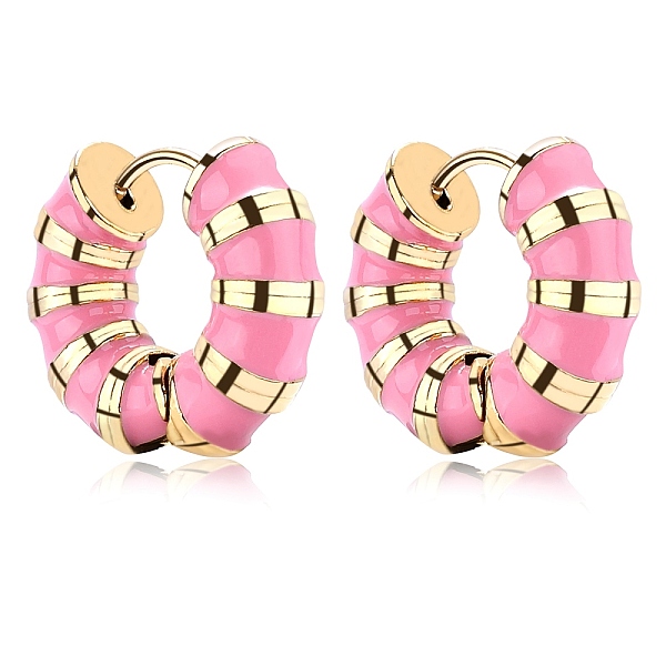 PandaHall Enamel Striped Thick Hoop Earrings, Golden 316 Stainless Steel Jewelry for Women, Pink, 18x20.5x6mm, Pin: 0.9mm 316 Surgical...