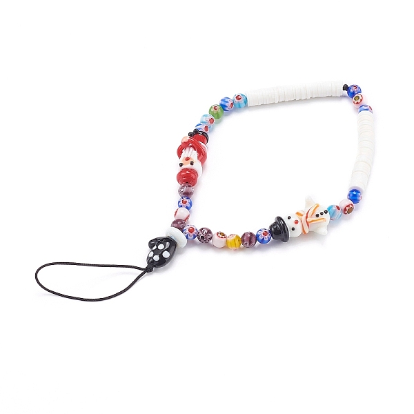 

PandaHall Handmade Lampwork Beaded Mobile Straps for Christmas, Millefiori Glass, with Polymer Clay Heishi Beads, Father Christmas, Snowman..., Black