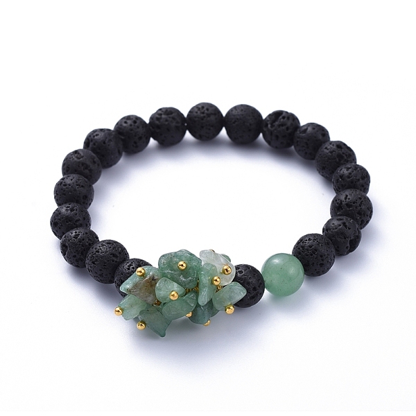 

PandaHall Natural Lava Rock Round Beads Stretch Bracelets, with Natural Green Aventurine Chips and Brass Beads, Golden, Inner Diameter: 2...