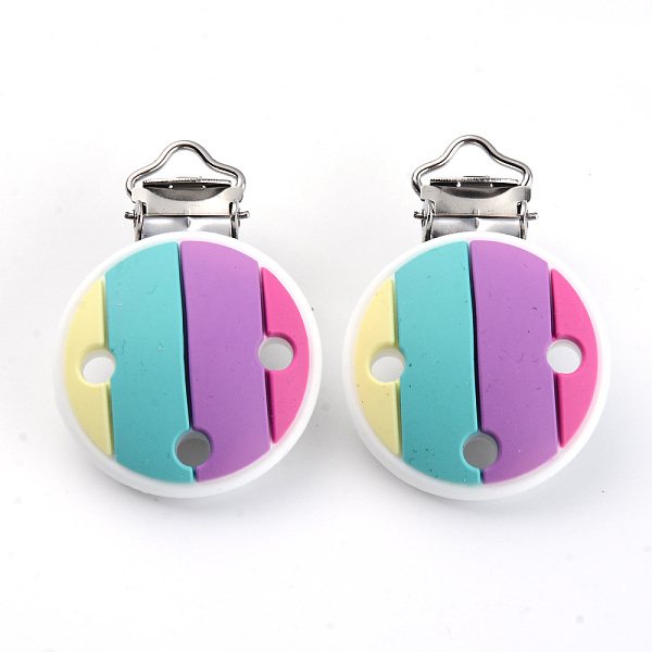 

PandaHall Food Grade Eco-Friendly Silicone Baby Pacifier Clips, with 304 Stainless Steel Clips, Flat Round, Stainless Steel Color, Colorful...
