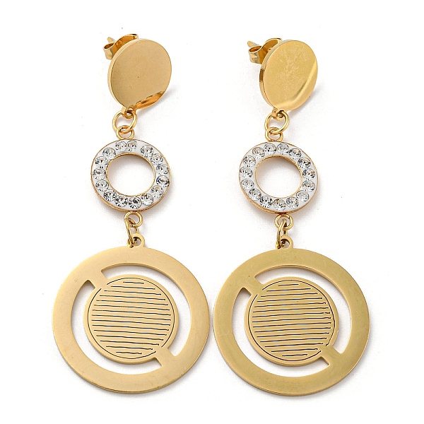 

PandaHall Vacuum Plating Golden 304 Stainless Steel Geometry Dangle Stud Earrings, Rhinestone Ring Drop Earrings, Flat Round, 63x25mm...