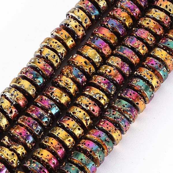 

PandaHall Electroplated Natural Lava Rock Beads Strands, Flat Round/Disc, Heishi Beads, Bumpy, Colorful, 8.5x4mm, Hole: 1mm, about...