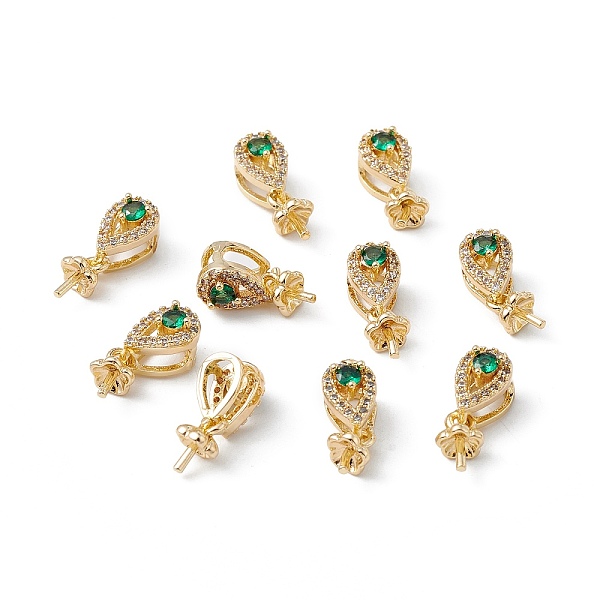 

PandaHall Brass Cubic Zirconia Cup Pearl Peg Bails Pin Pendants, with Glass Rhinestone, Teardrop, for Half Drilled Beads, Real 18K Gold..., Green