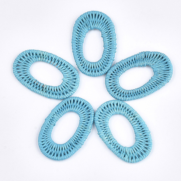 

PandaHall Waxed Polyester Cord Woven Pendants, with Iron Findings, Oval, Sky Blue, 47~48x30~31x3mm Polyester Oval Blue