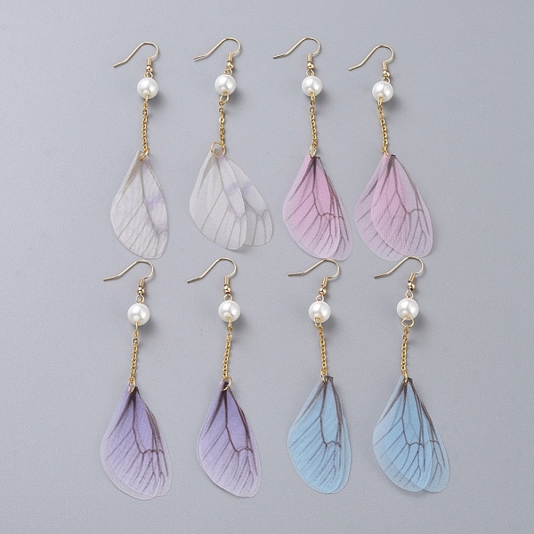 

PandaHall Glass Pearl Dangle Earrings, with Organza Fabric, 304 Stainless Steel Cable Chains and Brass Earring Hooks, Dragonfly Wing, Mixed..., Multicolor