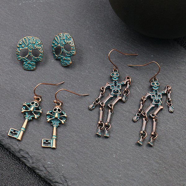 

PandaHall Punk Rock Style Halloween Alloy Earrings Sets, Skull & Human Skeleton & Skeleton Key, Green Patina, Red Copper, 20x16mm, 40x13mm...