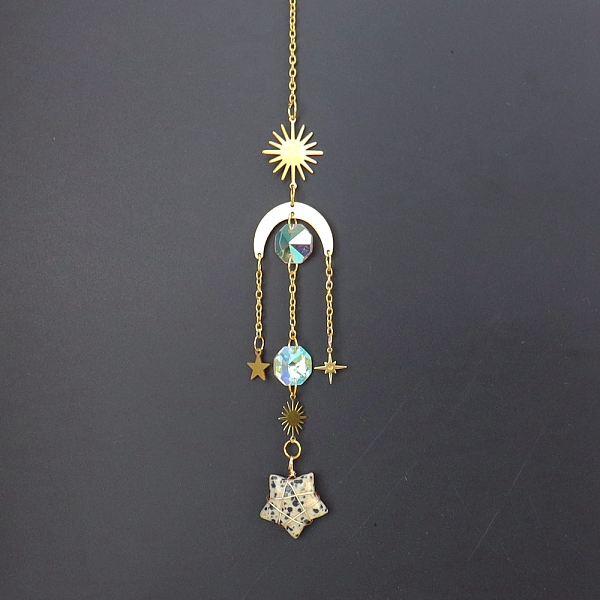 

PandaHall Natural Dalmatian Jasper Star Sun Catcher Hanging Ornaments with Brass Sun, for Home, Garden Decoration, Golden, 400mm Dalmatian...