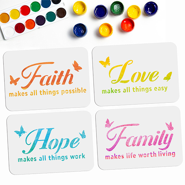 

PandaHall MAYJOYDIY 4pcs Word Stencils 11.7 x 8.3 inch Faith Love Hope Family Word Painting Stencils for Painting Reusable Sign Stencils for...