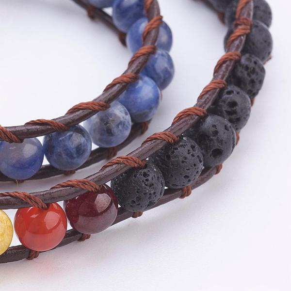 

PandaHall Two Loops Natural Gemstone Wrap Bracelets, with Cowhide Leather Cord and 304 Stainless Steel Sewing Buttons, with Burlap Paking..., Multicolor