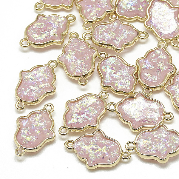 

PandaHall Resin Links connectors, with Golden Tone Brass Findings, Hamsa Hand/Hand , Pink, 20.5x13x4.5mm, Hole: 1mm Brass+Resin Palm Pink