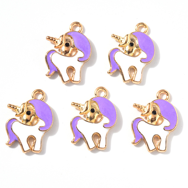 PandaHall Alloy Enamel Pendants, Unicorn, Light Gold, Lilac, 20x15x3.5mm, Hole: 2.0mm Alloy+Enamel Unicorn Purple
