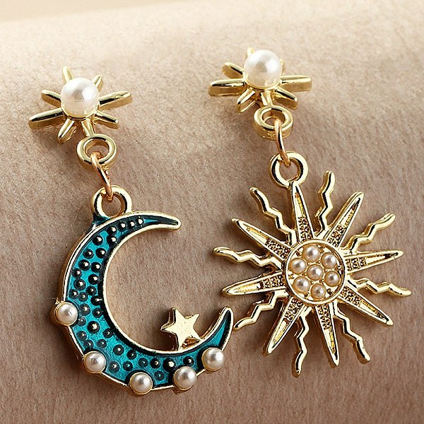 

PandaHall Enamel Moon & Sun Asymmetrical Earrings with Plastic Pearl Beaded, Golden Alloy Dangle Stud Earrings for Women, Turquoise, 35~36mm..., Green