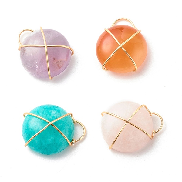 

PandaHall Natural & Synthetic Gemstone Pendants, with Real 18K Gold Plated Copper Wire Wrapped, Flat Round, Mixed Color, 23.5x20x10mm, Hole..., Multicolor