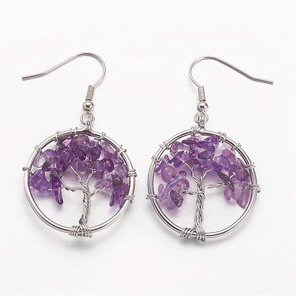 

PandaHall Dangle Earrings, with Natural Amethyst Beads and Brass Hooks, Ring with Tree of Life, 50mm, Pin: 0.6mm Amethyst