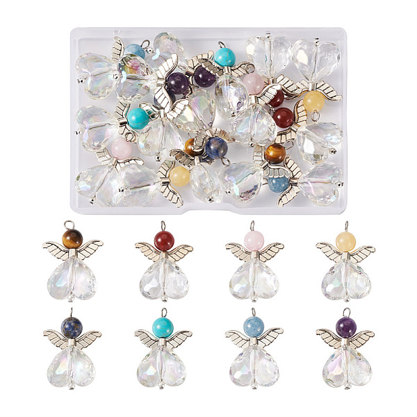 PandaHall Fashewelry 16Pcs 8 Styles Natural & Synthetic Mixed Gemstone AB Color Acrylic Pendants, Angel Charm, with Alloy & Brass & 304