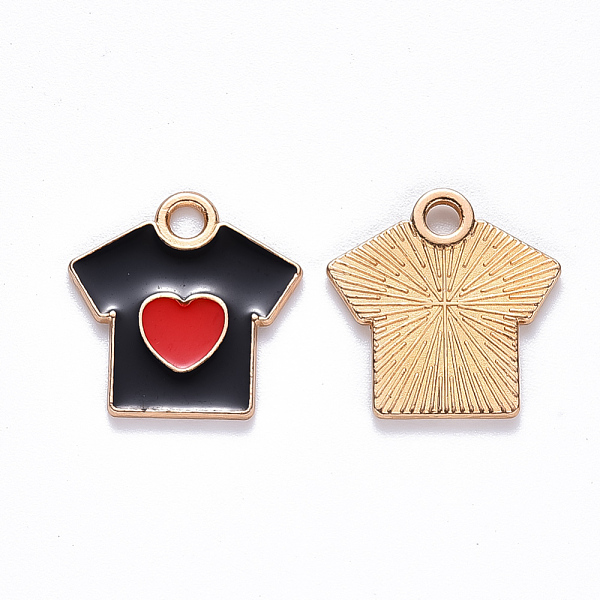 

PandaHall Alloy Enamel Pendants, T-Shirt with Heart Pattern, Light Gold, Black, 16x16x1mm, Hole: 2mm Alloy+Enamel Clothes Black