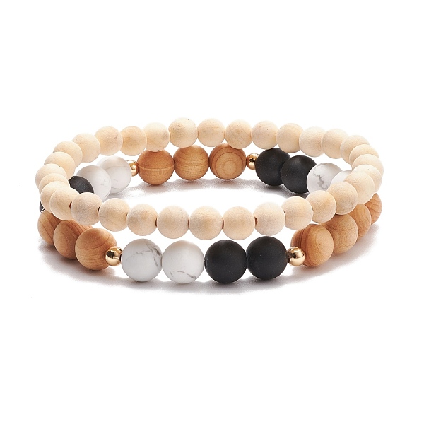 PandaHall Wood Beaded Stretch Bracelet Sets, with Natural Gemston Beads and Brass Beads, Inner Diameter: 2-1/8 inch(5.4~5.5cm), 2pcs/set...