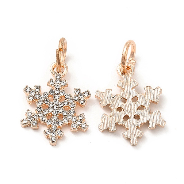 

PandaHall Rack Plating Alloy Crystal Rhinestone Pendants, with Jump Rings, Snowflake Charms, Rose Gold, 20.5x15.5x2mm, Hole: 6mm..., Clear