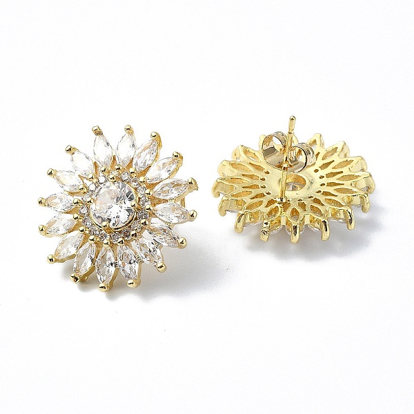 

PandaHall Flower Shape Brass Micro Pave Cubic Zirconia Stud Earrings, Long-Lasting Plated, Golden, 21x21mm Cubic Zirconia Flower