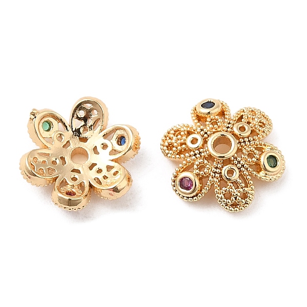 

PandaHall Brass Micro Pave Colorful Cubic Zirconia Bead Caps, Flower, Real 18K Gold Plated, 10x9x3mm, Hole: 1.4mm Brass+Cubic Zirconia
