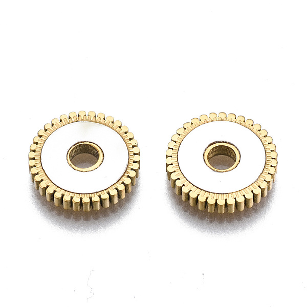 

PandaHall 304 Stainless Steel Spacer Beads, with Shell, Flat Round with Gead Edge, Seashell Color, Real 14K Gold Plated, 12x2mm, Hole: 2.5mm...