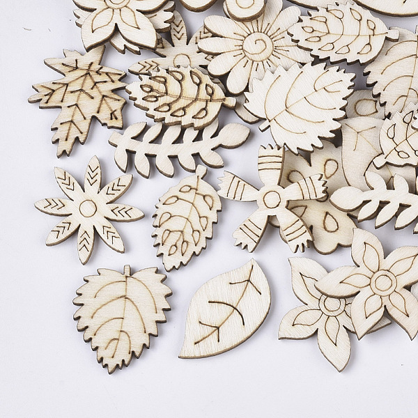 

PandaHall Laser Cut Wood Shapes, Unfinished Wooden Embellishments, Wooden Cabochons, Mixed Shapes, Flower and Leaf, PapayaWhip..., Orange