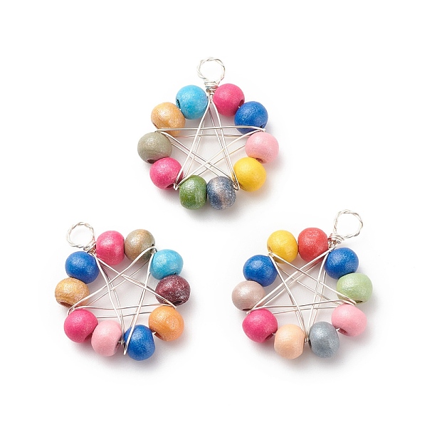 

PandaHall Natural Wood Round Beads Pendants, with Silver Copper Wire Wrapped, Ring with Star Charm, Dyed, Colorful, 27.5~29x22~23x5.5~6mm...