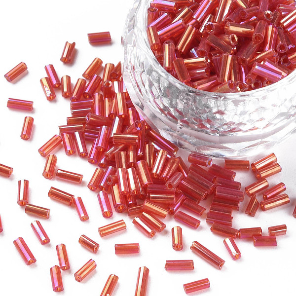 

PandaHall Tube AB-Color Plated Glass Bugle Beads, Transparent Colours Rainbow, Crimson, 4~4.5x2mm, Hole: 1mm, about 450g/bag, 14000pcs/bag..., Pink