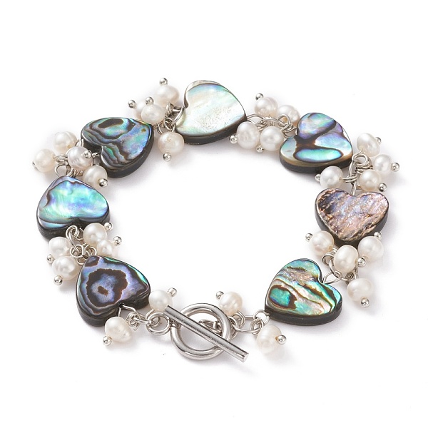 

PandaHall Heart Natural Abalone Shell/Paua Shell Beaded Bracelets, with Natural Pearl Beads and 304 Stainless Steel Toggle Clasps, Colorful...