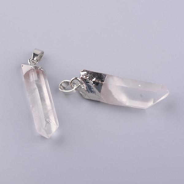 

PandaHall Electroplate Natural Quartz Pendants, with Iron Findings, Platinum, 35~47x10~16x10~15mm, Hole: 6x3mm Quartz Crystal Others