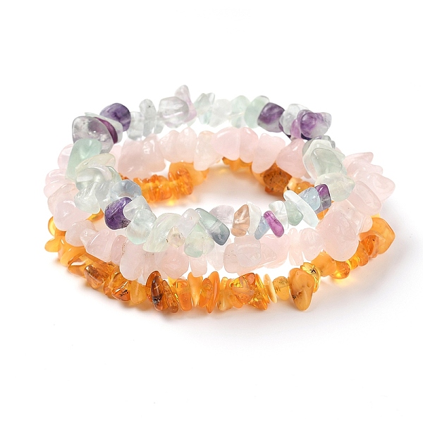 

PandaHall Chips Natural Amber & Fluorite & Rose Quartz Beaded Stretch Bracelets Sets, Stackable Bracelets, Inner Diameter: 2-1/8 inch(5.5cm)..., Multicolor