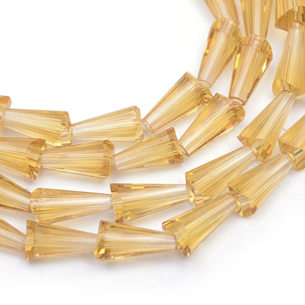 

PandaHall Transparent Glass Bead Strands, Cone, Peru, 8x4mm, Hole: 1mm, about 65~68pcs/strand, 22 inch Glass Cone Brown