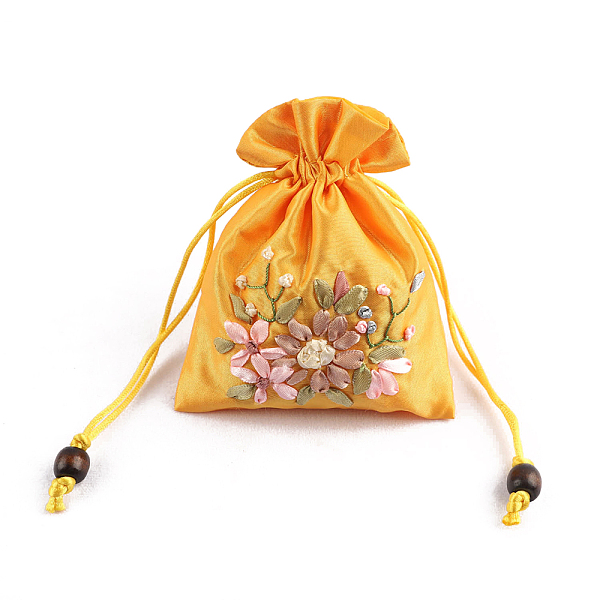 PandaHall Flower Pattern Satin Jewelry Packing Pouches, Drawstring Gift Bags, Rectangle, Gold, 14x10.5cm Cloth Rectangle Gold