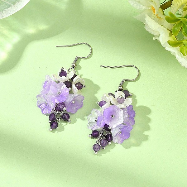 Boucles d'oreilles pendantes en forme de fleur en plastique et en verre pour femmes