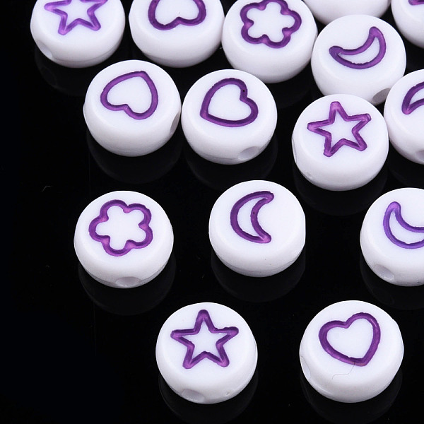 

PandaHall White Opaque Acrylic Beads, Flat Round with Heart & Flower & Moon & Star, Dark Violet, 7x4mm, Hole: 1.6mm Acrylic Flat Round..., Purple