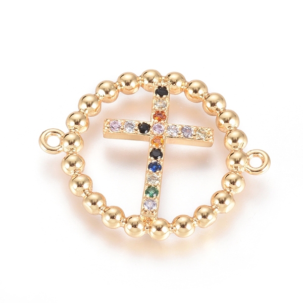 

PandaHall Brass Micro Pave Cubic Zirconia Links connectors, Long-Lasting Plated, Flat Round with Cross, Colorful, Golden, 25x21x2mm, Hole...